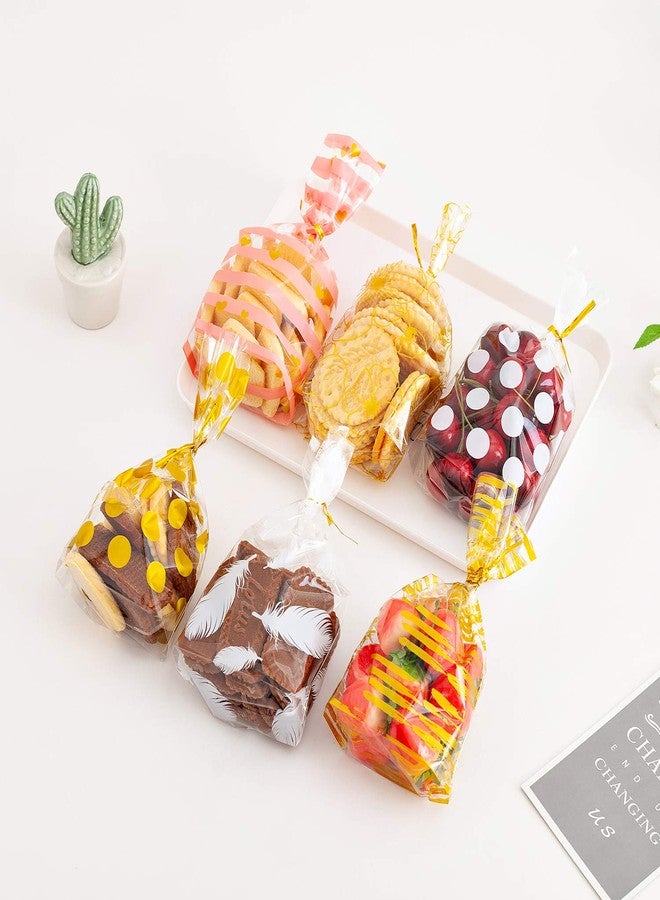 JHere 100 Pack Polka Dot Candy Bags with 100Pcs Gold Metallic Twist Ties, Clear Plastic Treat Bags for Cookie Candy Snack Gift Wrapping Party Favor - 5.1'' by 8.2'' by 1.5'' (Gold flower) - Image 3